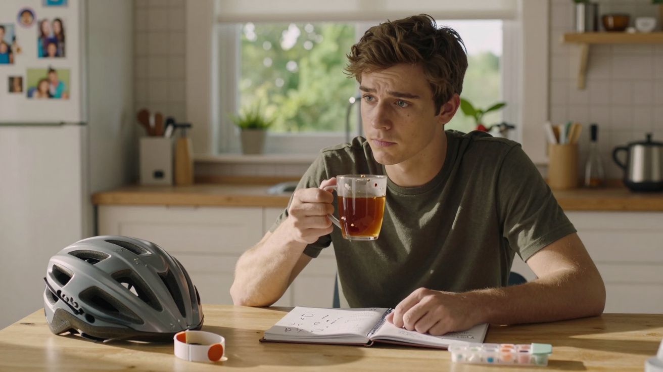 Young man in a kitchen, sipping tea and looking thoughtful, with an open notebook and bike helmet on the table.