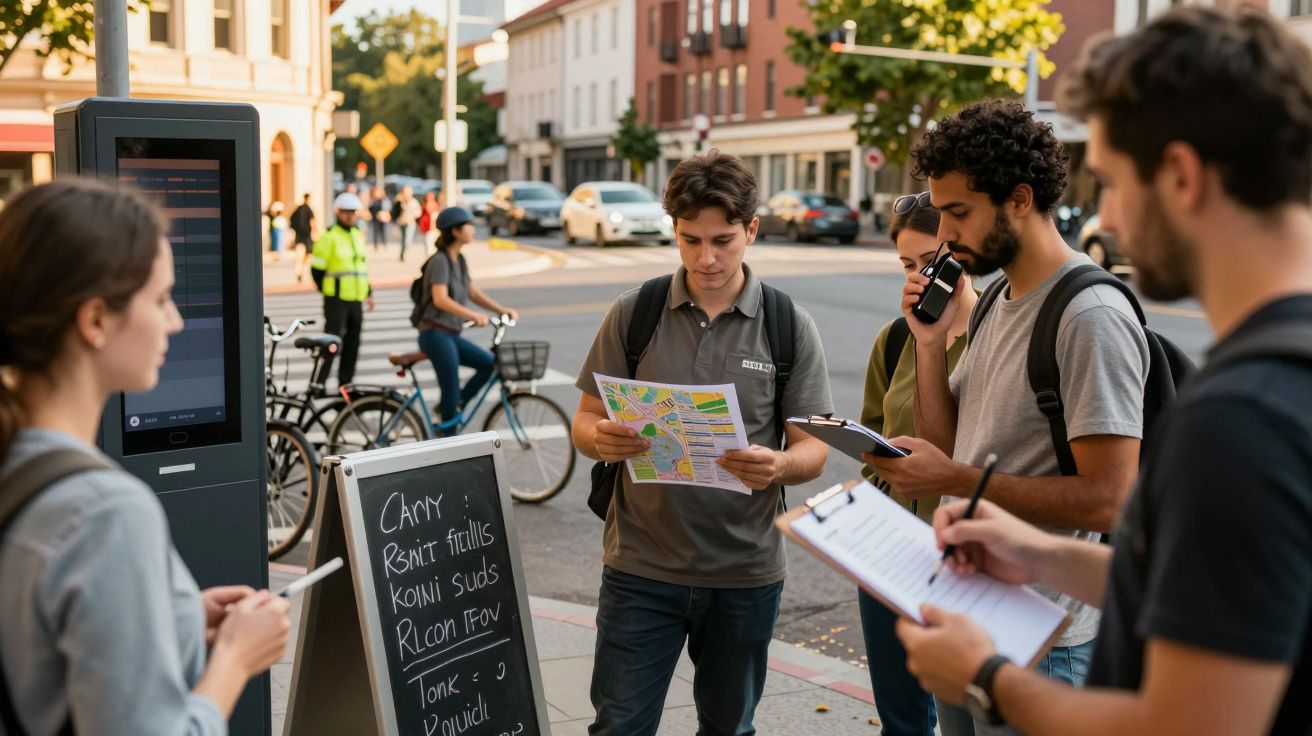 People gathered on a sidewalk, consulting a map and taking notes, with bikes and a street in the background.
