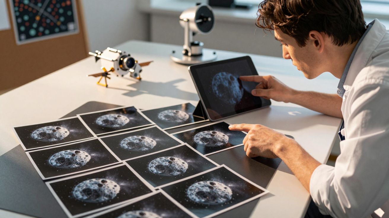 Man analyzing asteroid photos on a desk with a tablet and telescope model nearby.