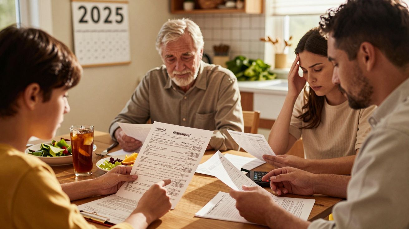 Four people sitting at a table reviewing tax documents with a 2025 calendar on the wall.
