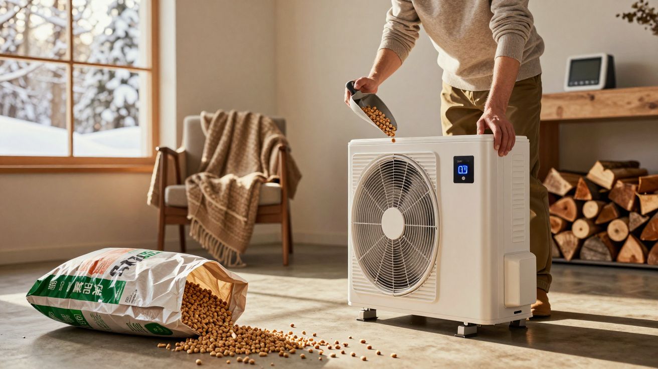 Person adding pellets to a white heater next to a window, with a bag of pellets on the floor, woodpile in the background.
