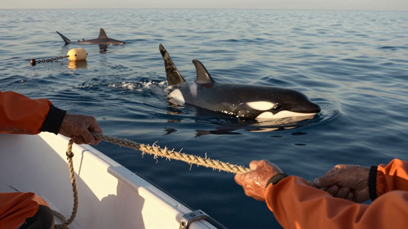 Two orcas swim near a boat with people holding a rope on a calm ocean.