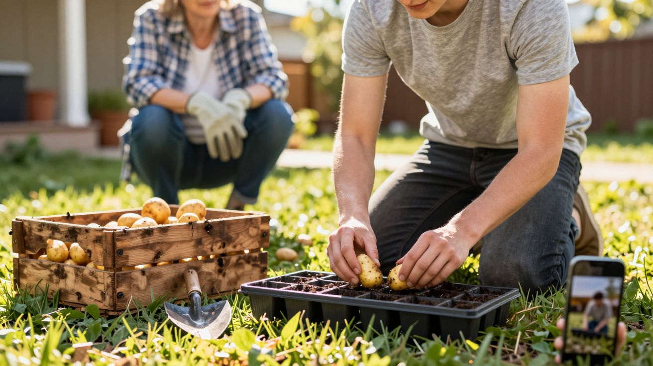 Two people planting potatoes in trays outdoors, with a wooden box and a trowel on the grass.