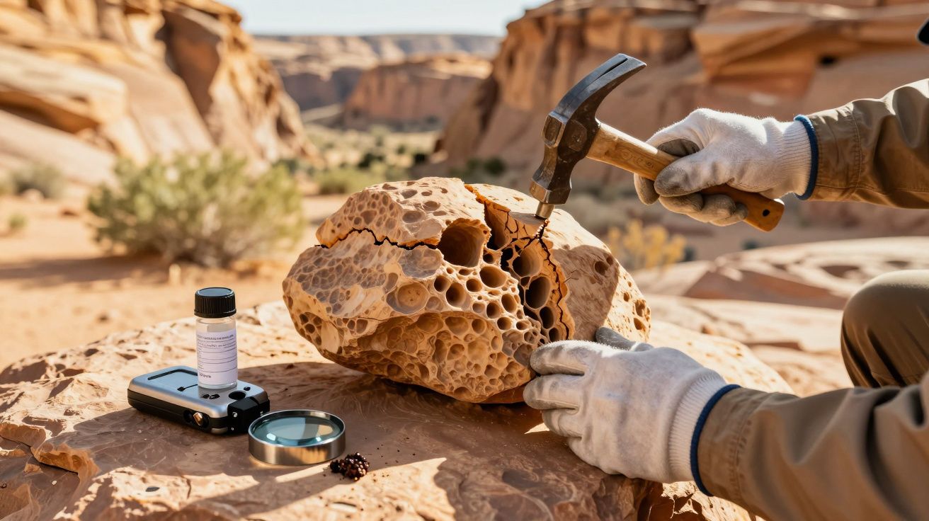 Person using a hammer to examine a porous rock on a desert landscape, with scientific tools beside them.