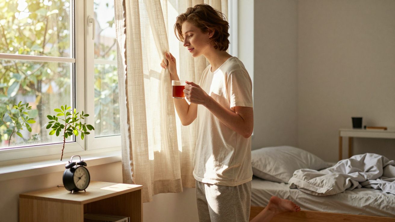 Person in a white t-shirt holding a mug, looking out a window in a bedroom with morning sunlight and messy bed.