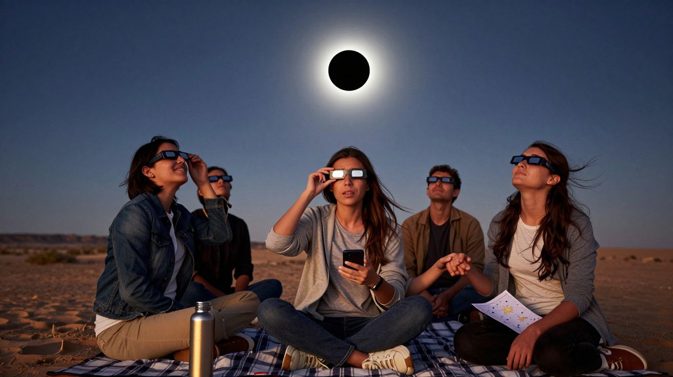 Five people sitting on a blanket in the desert, wearing eclipse glasses, watching a solar eclipse overhead.