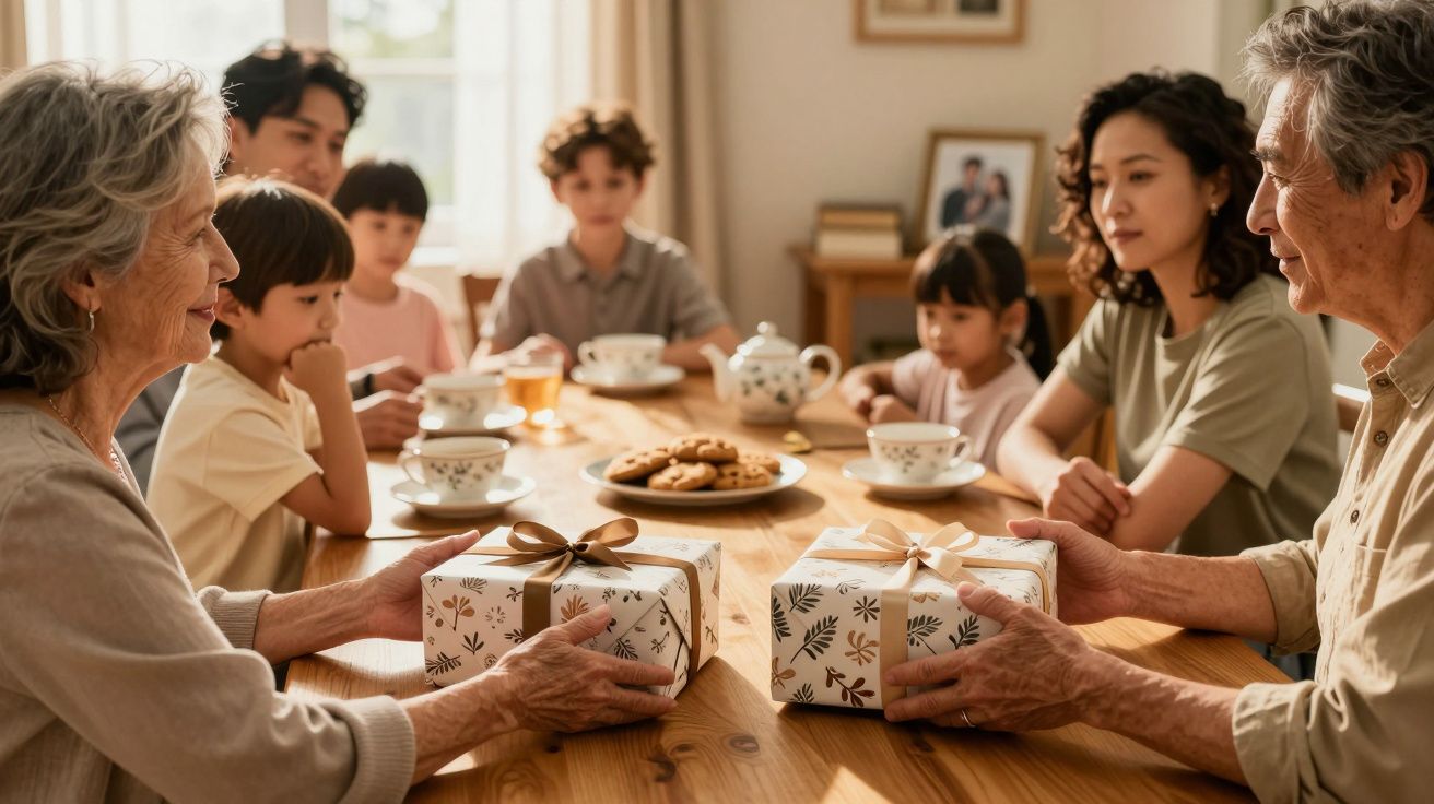 Family gathered around a table with two elder people exchanging gift boxes, surrounded by cups and a plate of cookies.