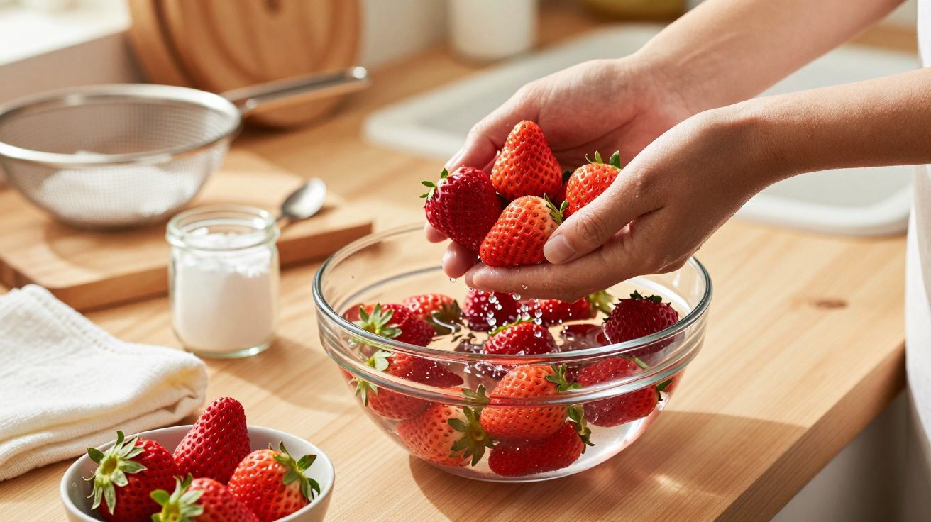 Hands rinsing strawberries in a glass bowl on a wooden counter with kitchen items in the background.
