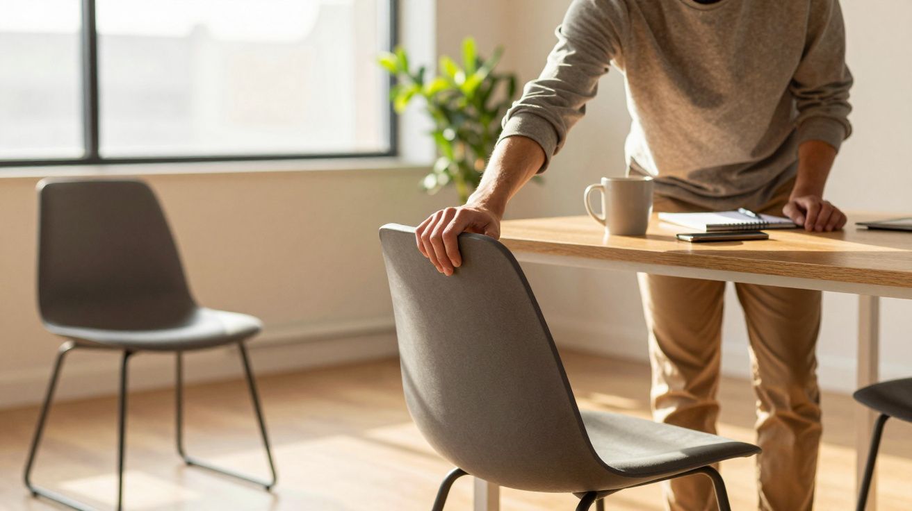 Person adjusting a chair at a sunlit wooden table with a notebook, pen, and mug. A plant and window in the background.
