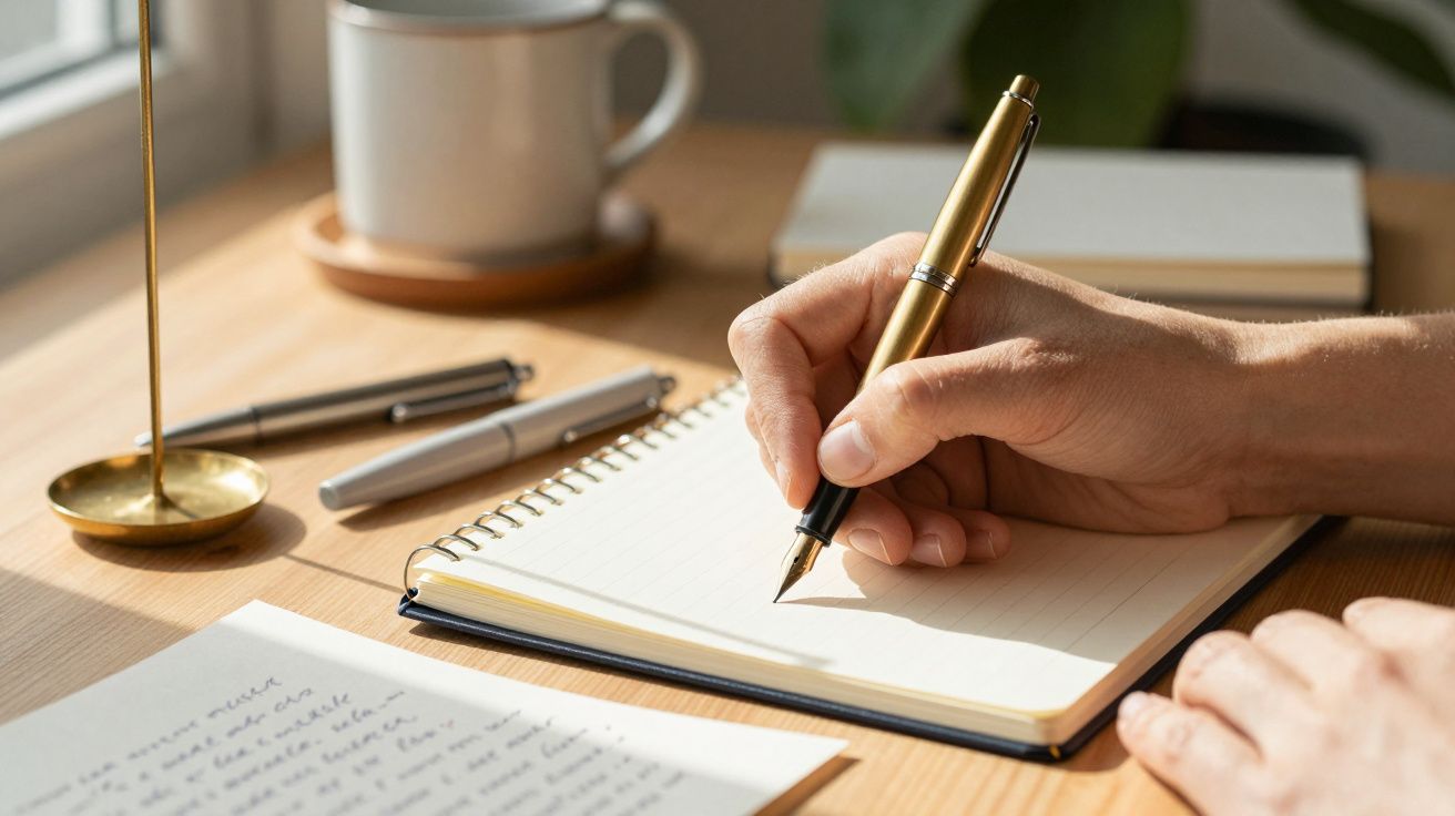 A hand writing in a notebook with a fountain pen on a wooden desk, surrounded by papers, pens, and a coffee mug.