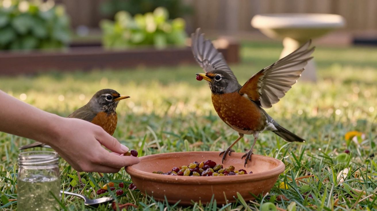 Two robins eating berries from a bowl on grass, with one in flight and a hand reaching in to add more.