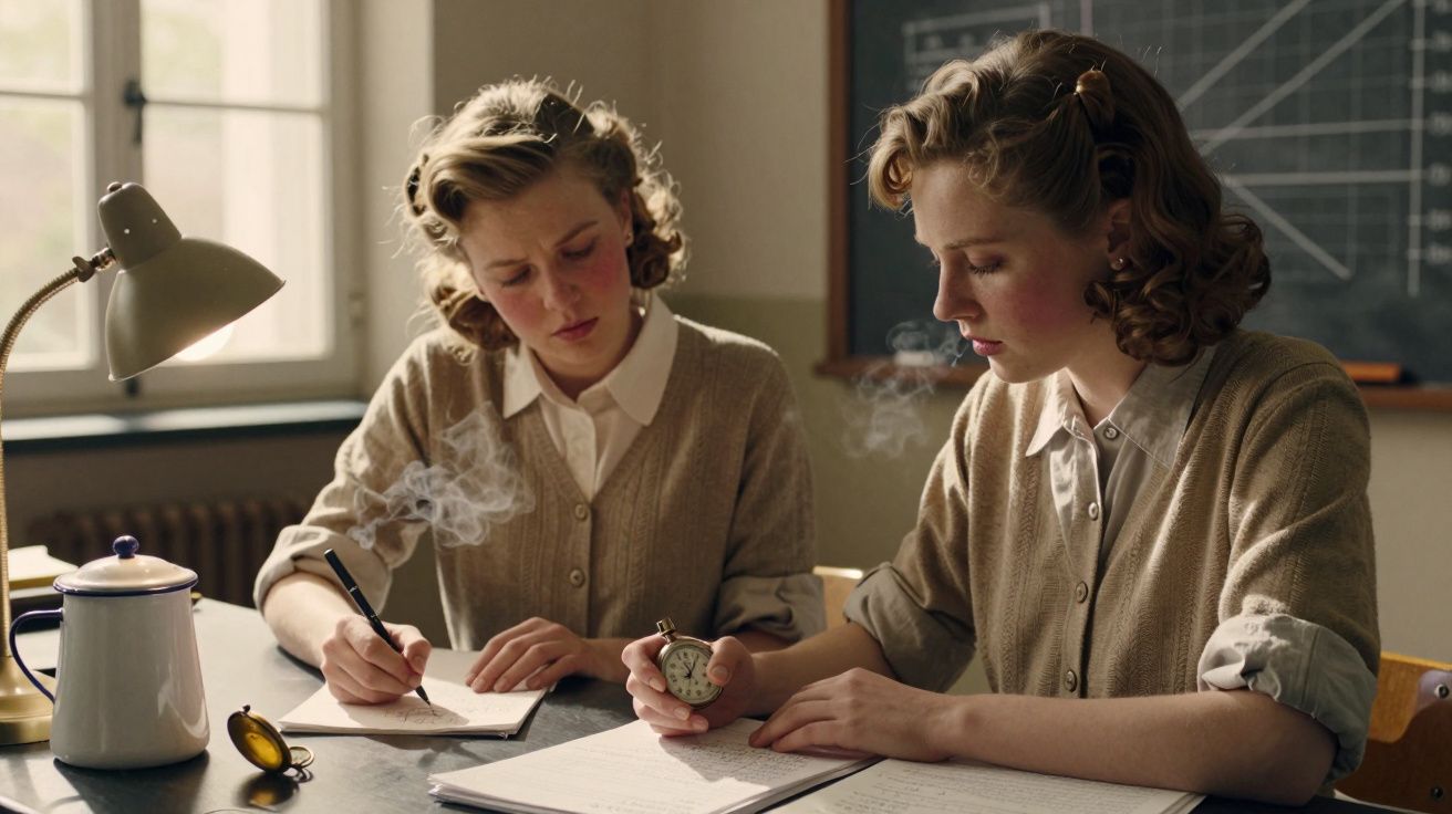 Two women in vintage attire write at a desk with a stopwatch and papers in a 1940s-style classroom setting.