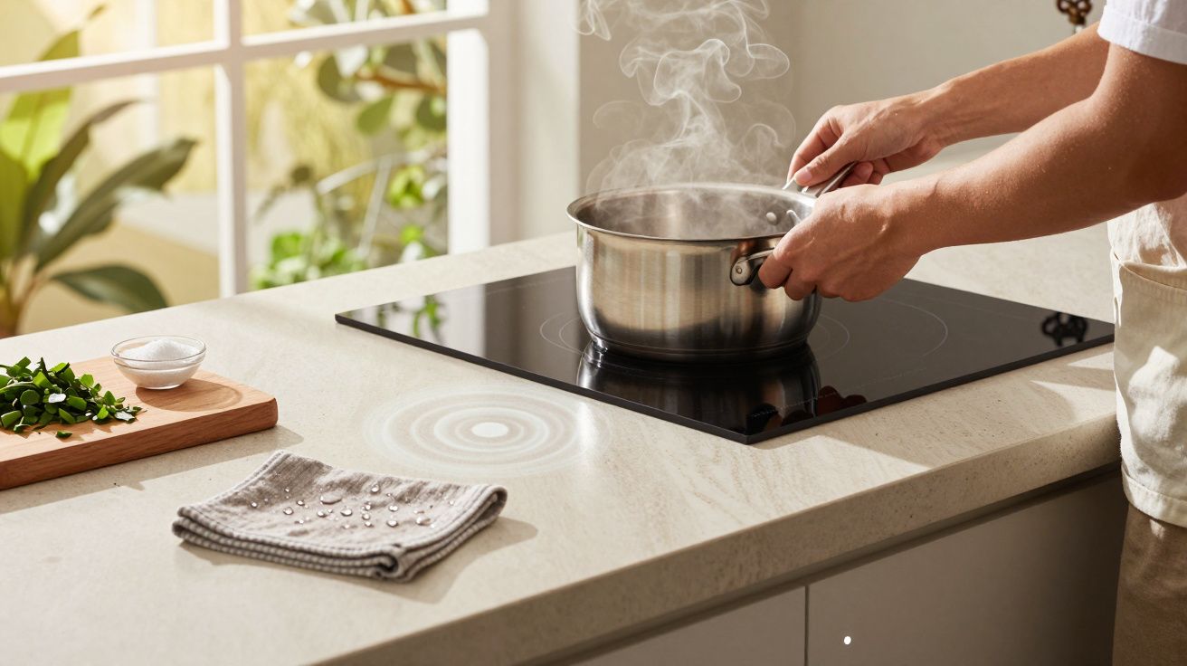 Person stirring pot on stove, steam rising, with chopped herbs and cloth nearby on kitchen counter.
