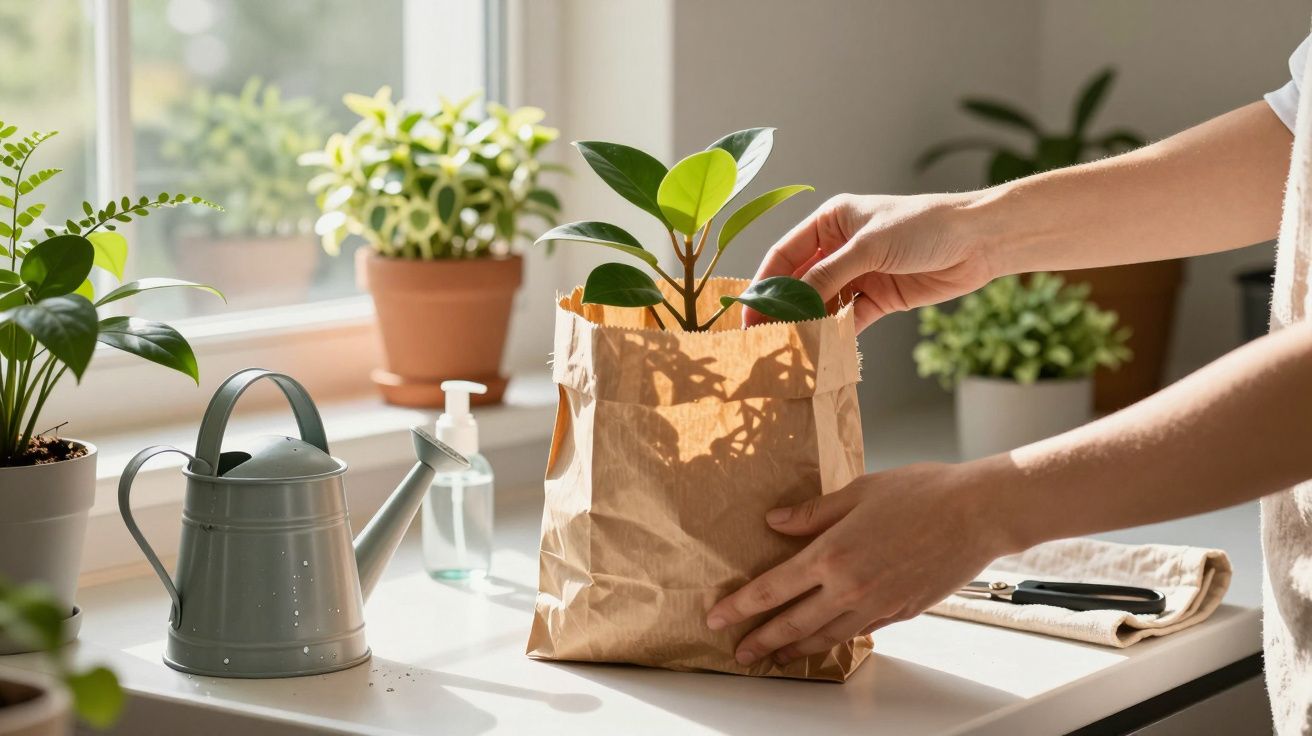 Person placing a potted plant into a paper bag on a sunlit table with other plants, watering can, and gardening tools.