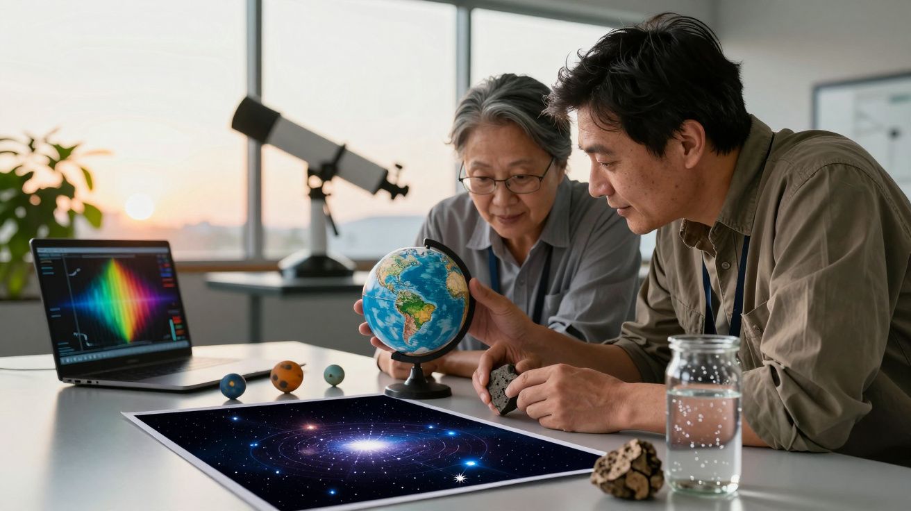 Two people study space objects with a laptop and globe at a table, telescope and cosmic image in the background.