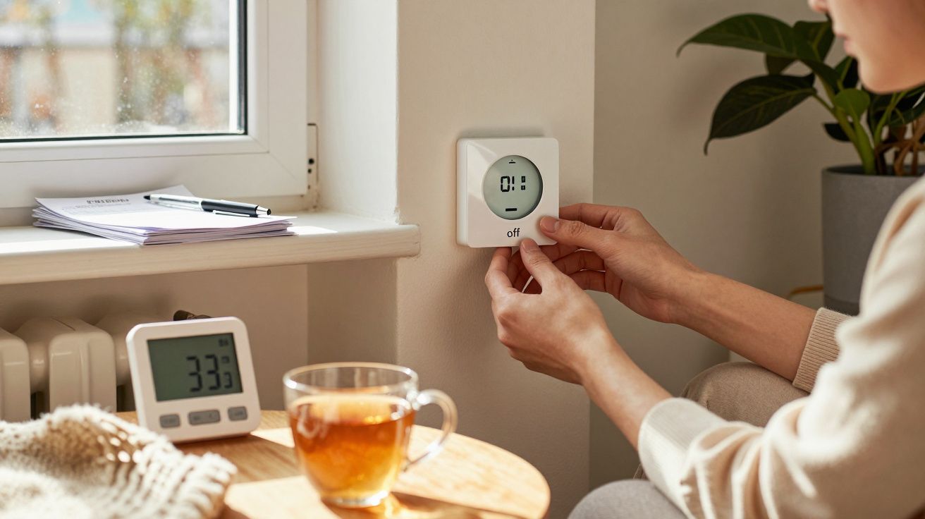 Person adjusting a thermostat on the wall near a window, with a digital thermometer and cup of tea on the table nearby.