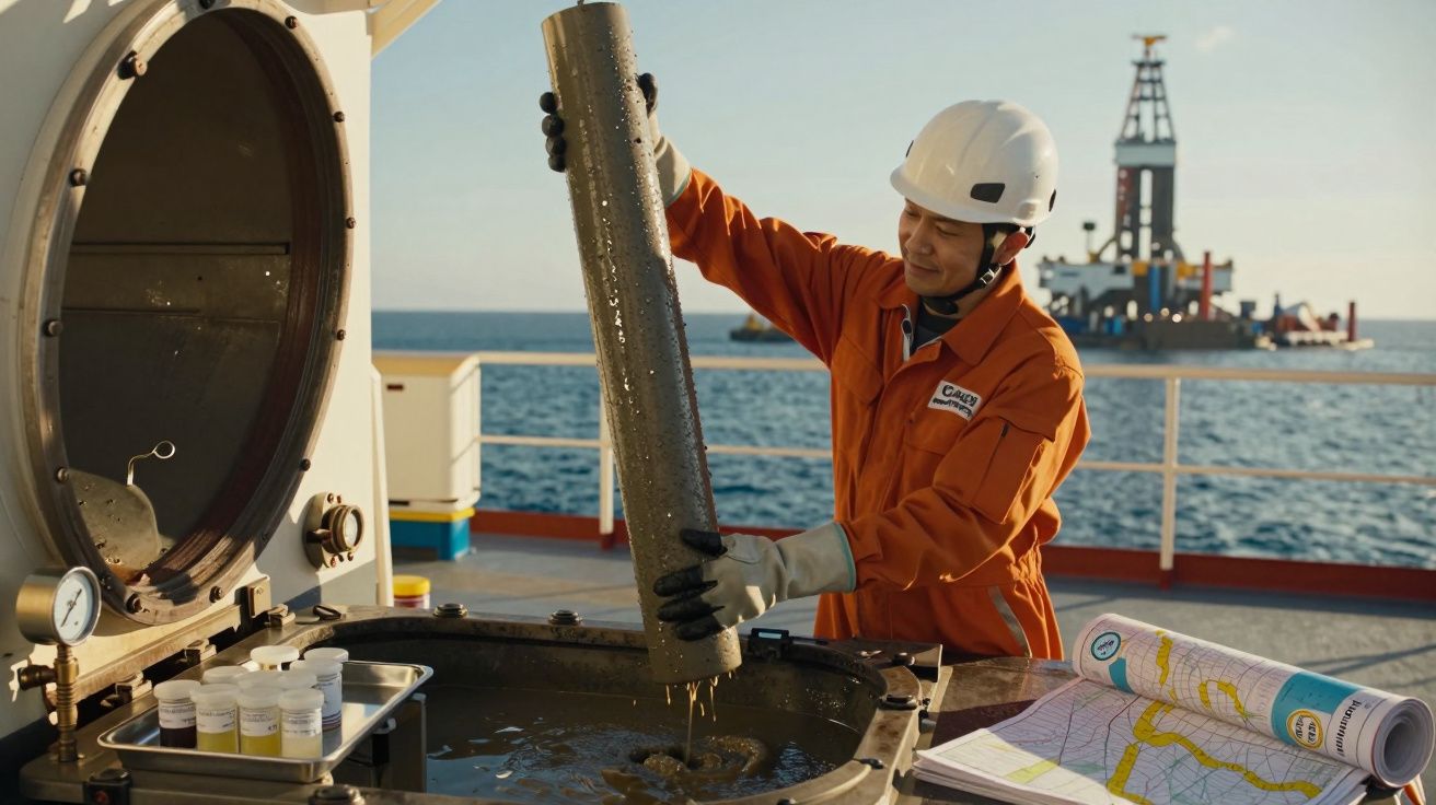 Worker in orange jumpsuit handling metal cylinder on offshore platform, with an oil rig and ocean in the background.