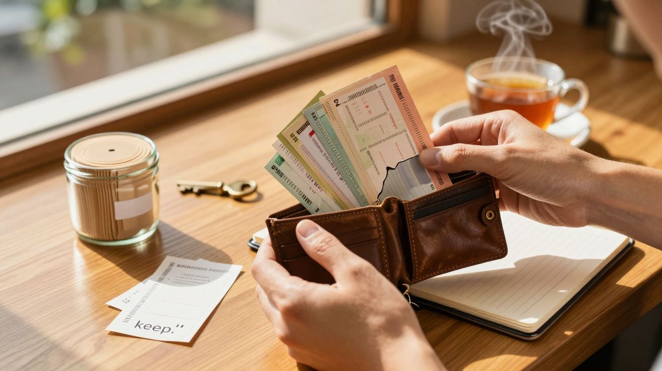 Person holding a wallet with colorful tickets at a wooden desk. Nearby are a notebook, a glass of tea, a key, and a jar.