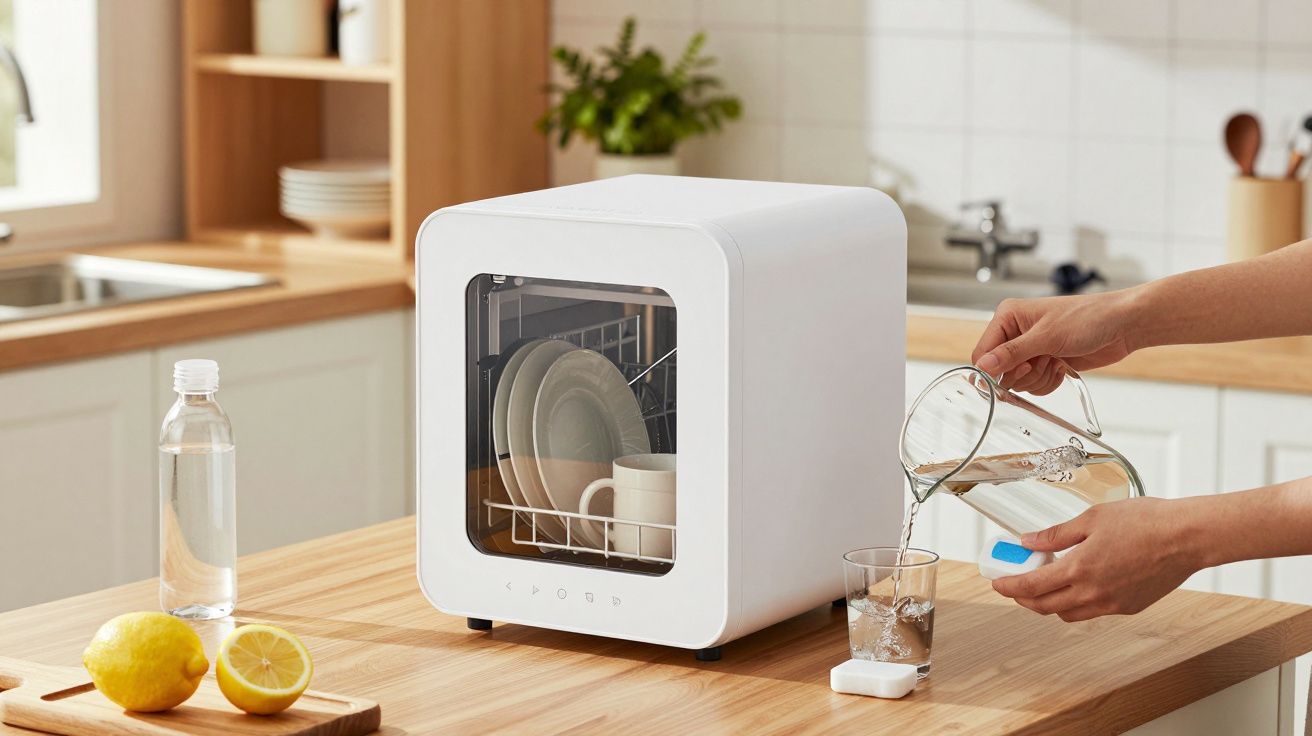 Compact countertop dishwasher filled with dishes, a person pouring water, lemons, and a water bottle nearby.