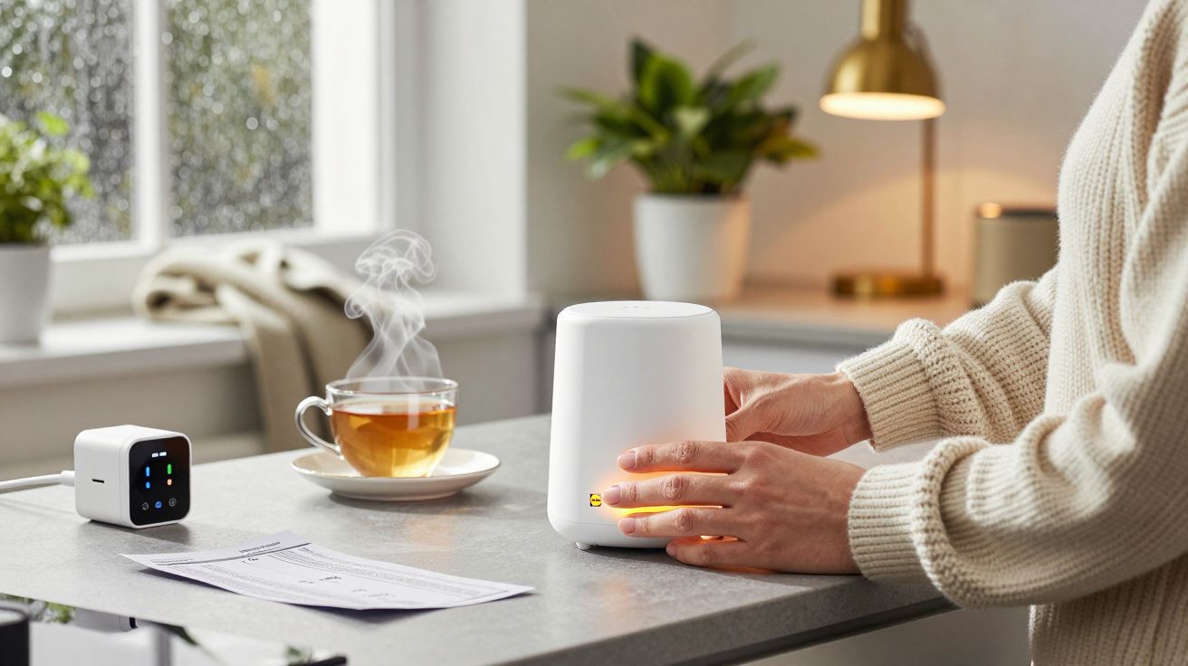 Person using a white air purifier on a kitchen counter with a steaming tea cup and documents nearby.