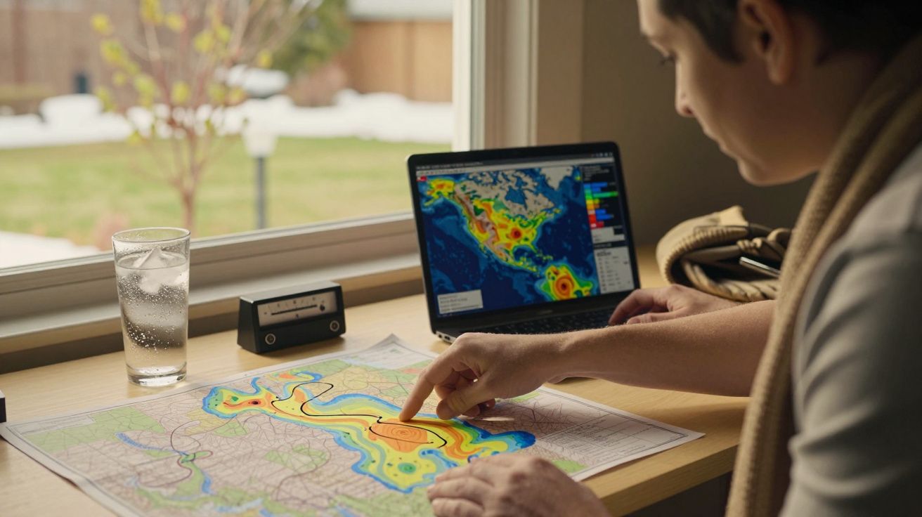 Person analyzing weather map with colorful pressure zones, laptop displaying global weather data, glass of water nearby.