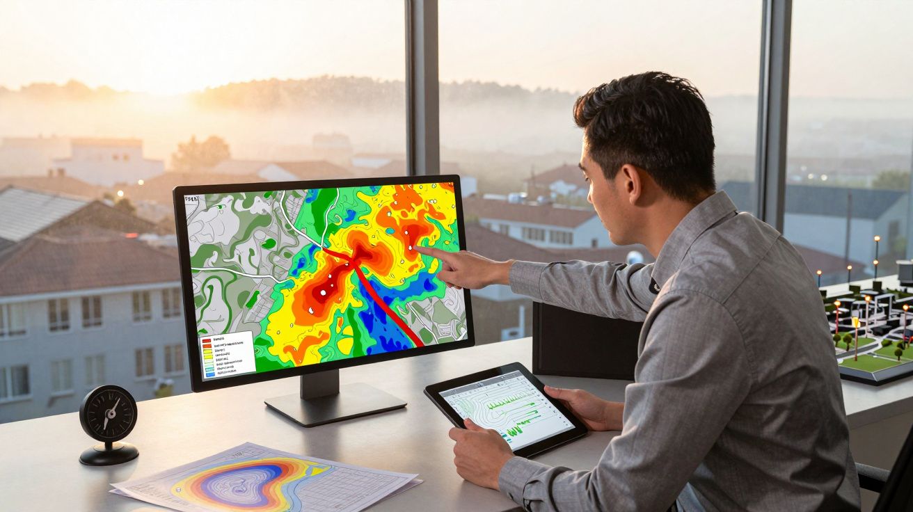 Man analyzing weather data on computer and tablet in a modern office with a city view.