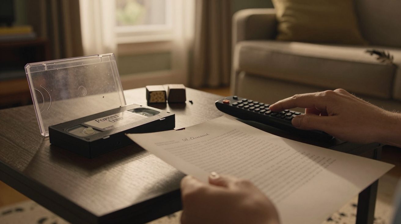 Hands holding a paper and remote near a VHS tape labeled "Forever" on a coffee table in a cozy living room.