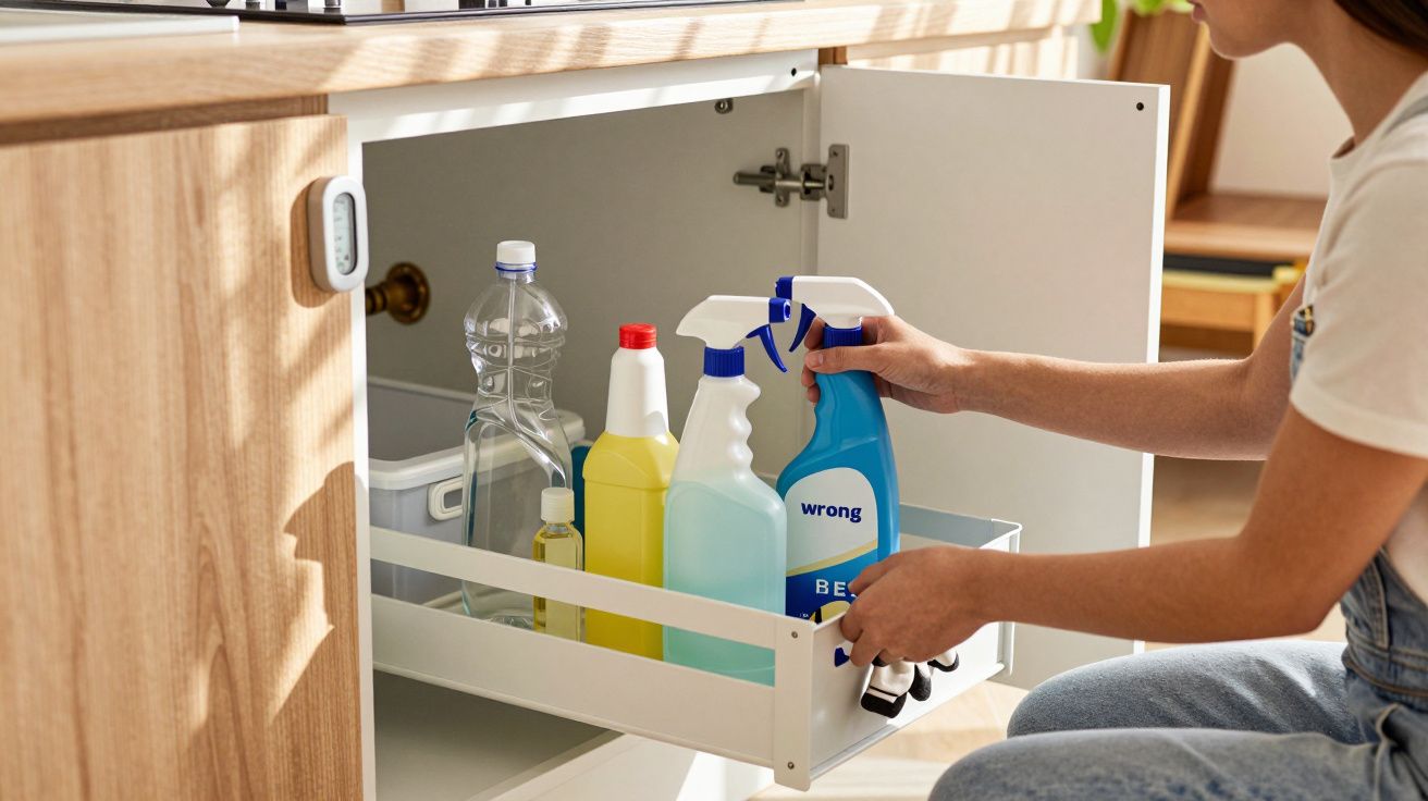 Person organizing cleaning supplies under a kitchen sink.