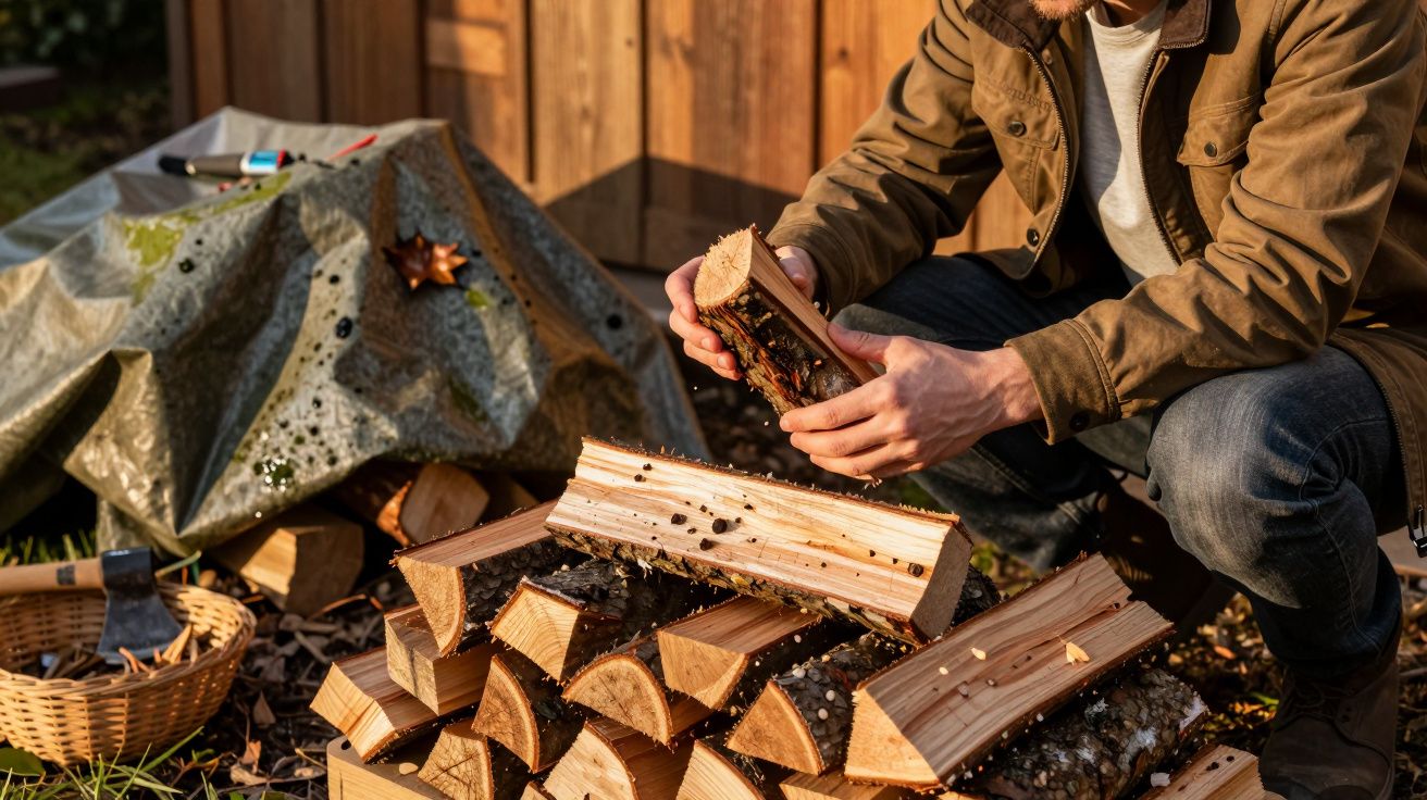 Person examining firewood, sitting near a stack of split logs, with an ax and basket nearby, outdoors on a sunny day.