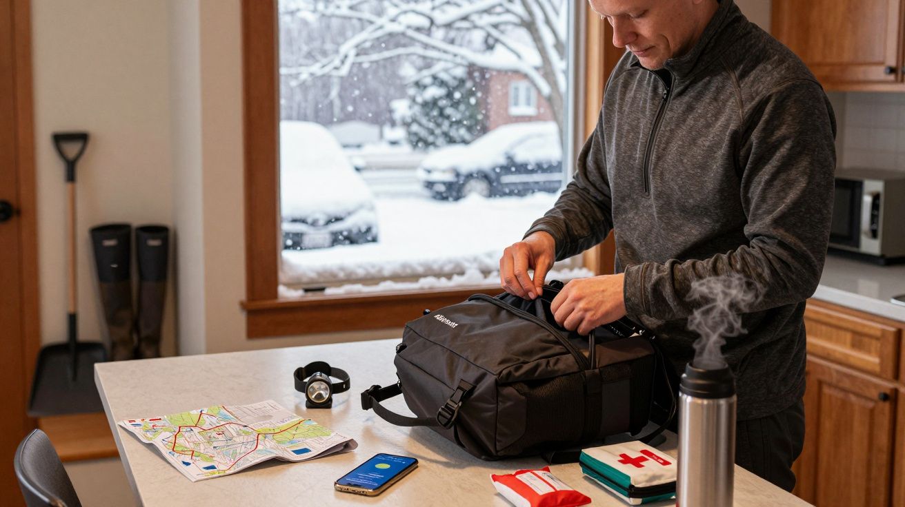 Person packing a black bag on a kitchen counter with maps, a phone, and a first aid kit, snowy scene outside the window.