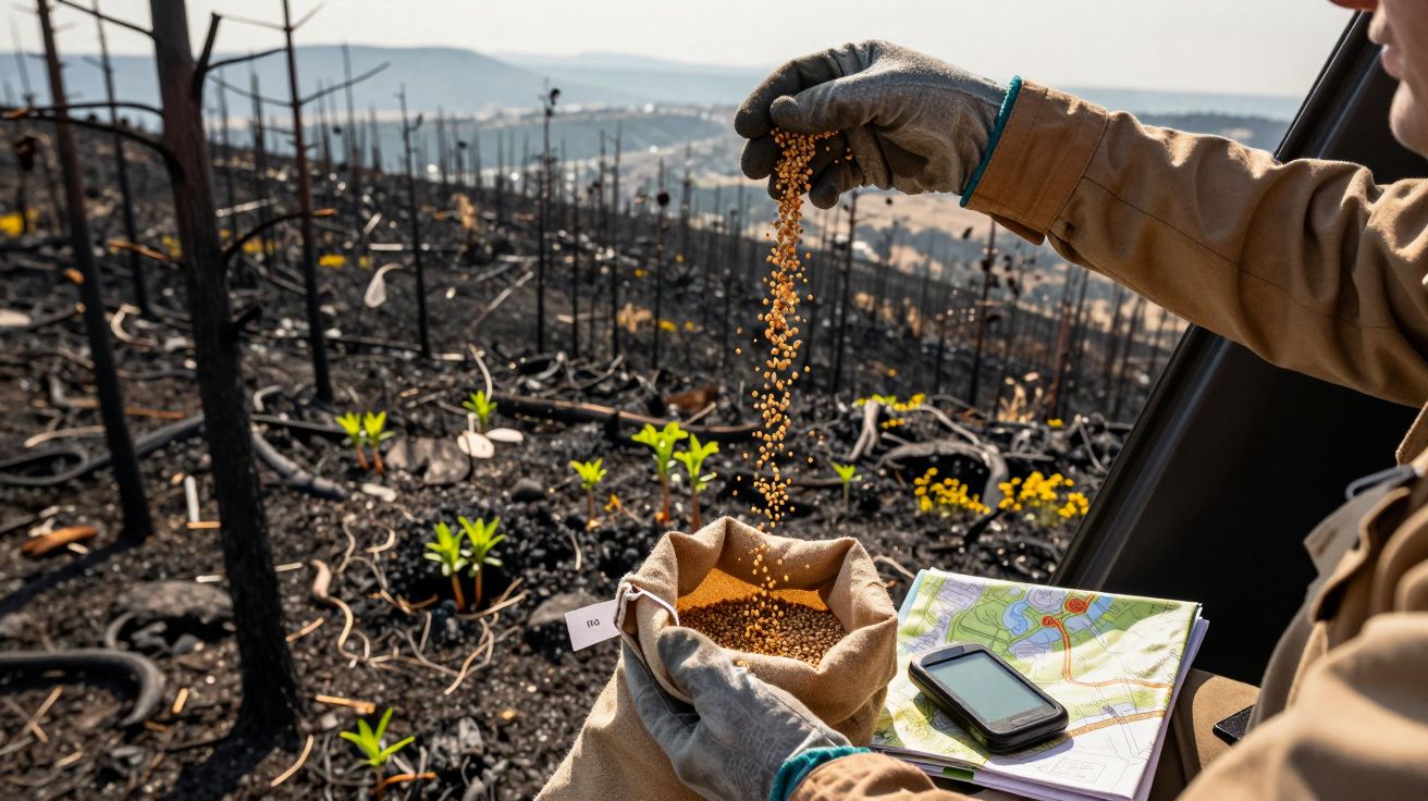 Person sprinkling seeds on burnt forest terrain, with a map and phone beside.
