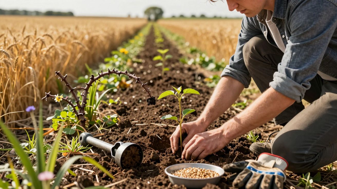 Person planting a seedling in a farm field, surrounded by young plants, with a bowl of seeds and a trowel nearby.