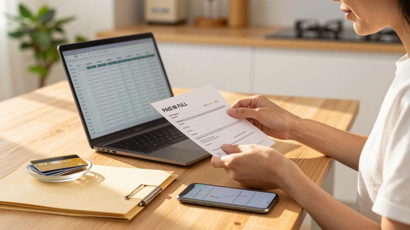 Person reviewing a "Paid in Full" bill at a desk with a laptop, smartphone, and credit cards.