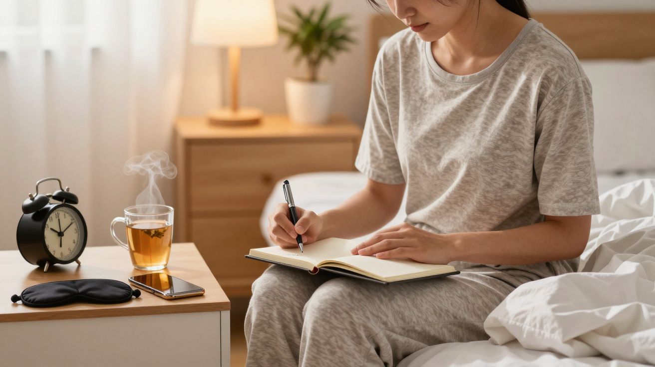 Woman in gray pajamas writing in a notebook on bed, with tea and alarm clock on bedside table.