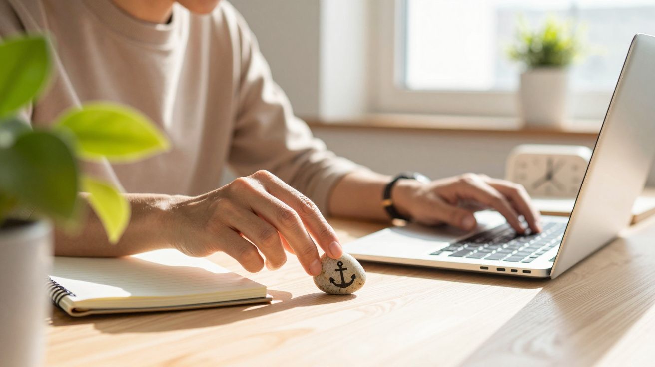 Person working on a laptop, holding a stone with an anchor symbol, next to a notebook and plant on a sunny desk.