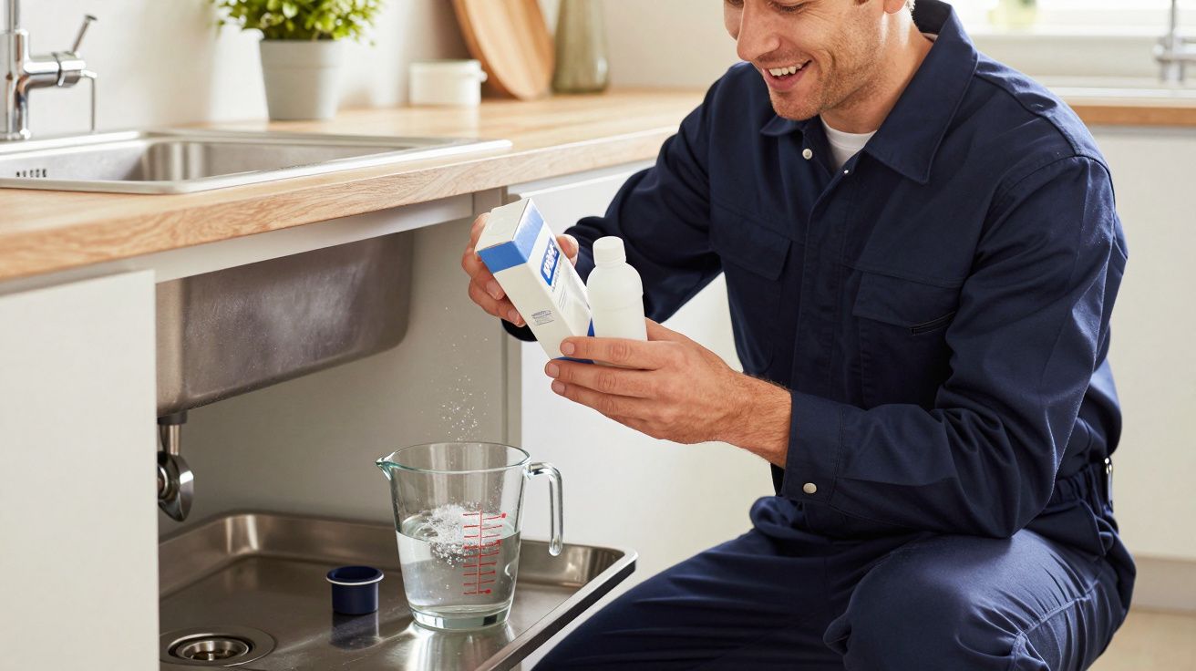 Man in blue jumpsuit mixing cleaning solution in kitchen.