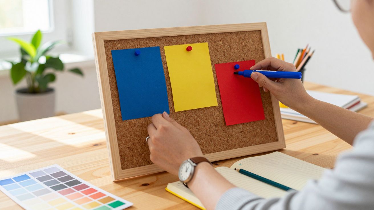 Person pinning papers on corkboard with colorful swatches nearby on wooden desk.