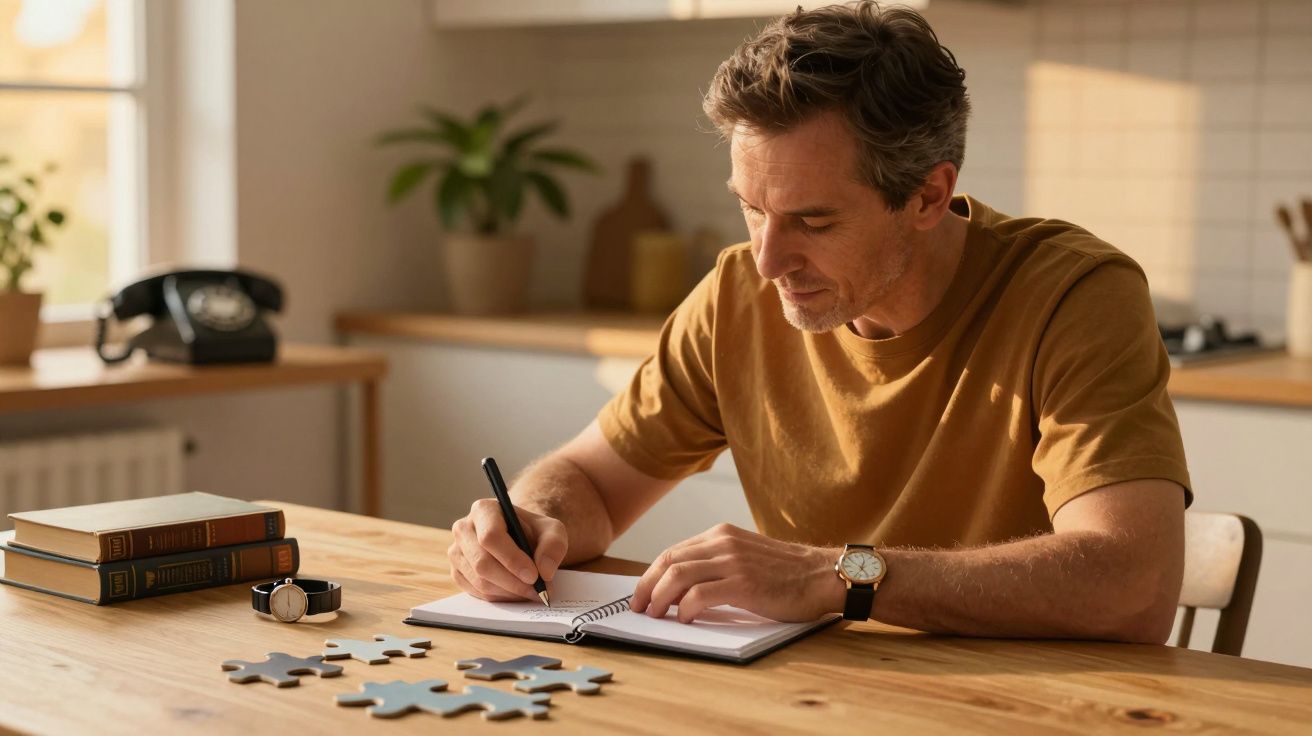 Man in casual wear writing in a notebook at a wooden table with puzzle pieces and books in a cozy kitchen.