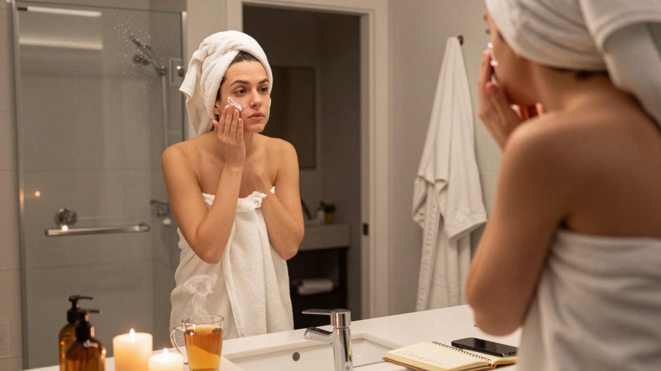 Woman in towel, applying face cream in bathroom, with candles, tea, and phone on counter.
