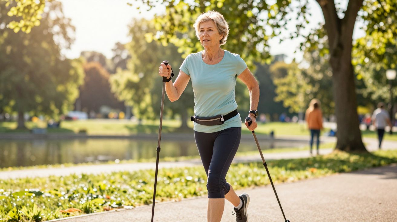 Older woman walking with poles in a sunny park, wearing a blue shirt and black leggings, trees in the background.
