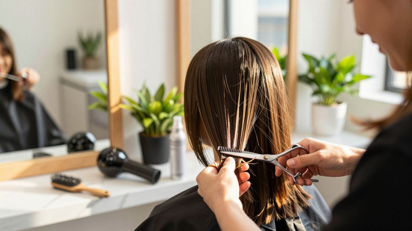 Hairdresser trimming a woman's hair in a salon, with plants and hair tools visible.