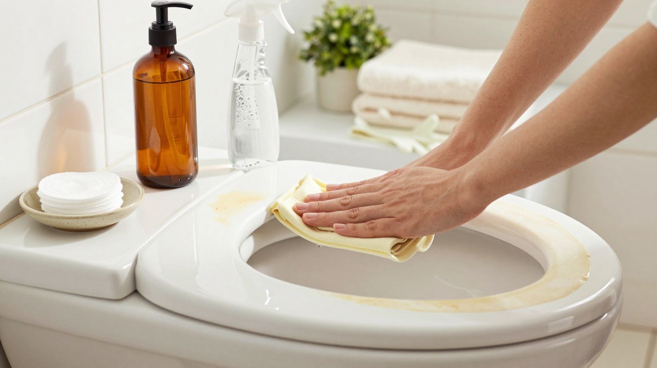 Person cleaning a toilet seat with a cloth, spray bottle, and brown pump bottle on the side.