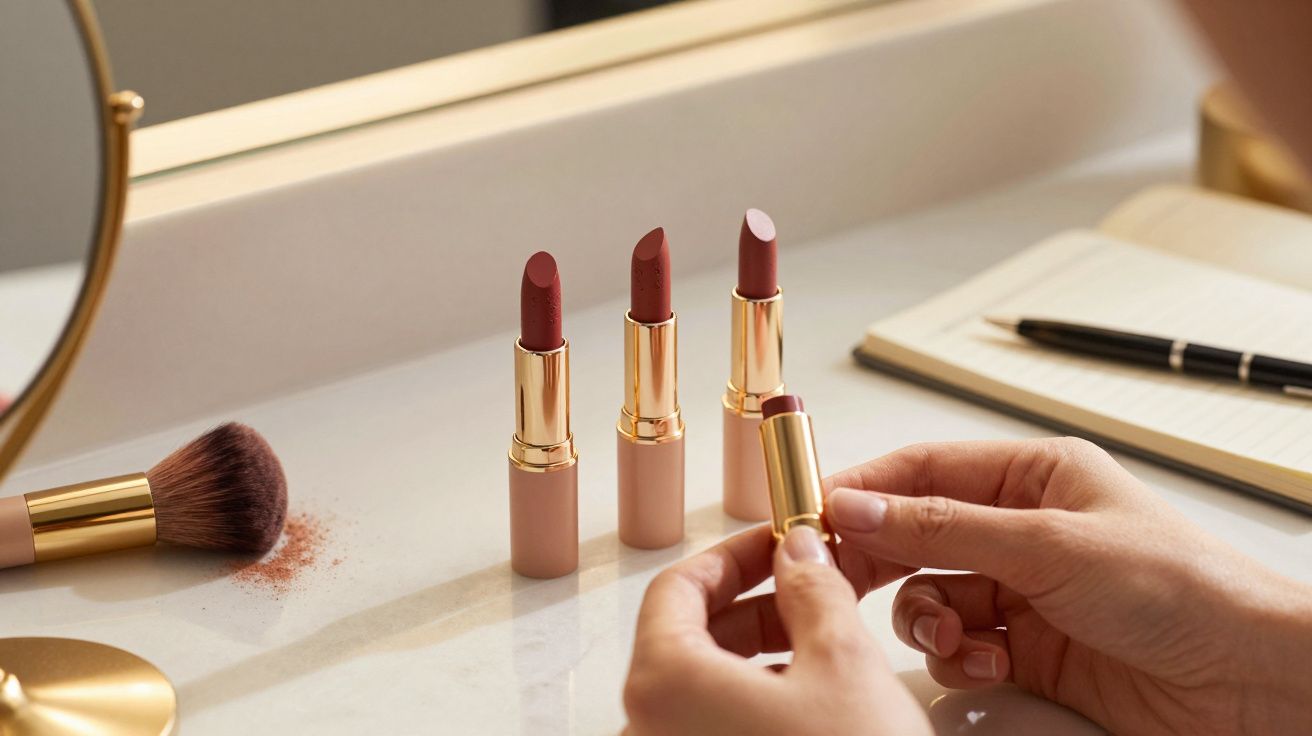 Hands holding pink lipstick, with three lipsticks, makeup brush, and notebook on a marble vanity.
