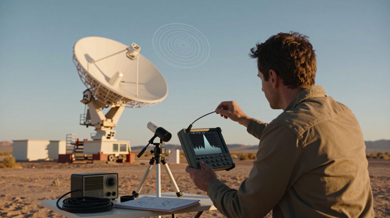 Man adjusting equipment while monitoring satellite dish in desert.