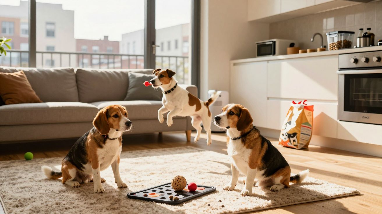 Three beagles in a bright living room; one jumps playfully while the others sit on a rug with toys.