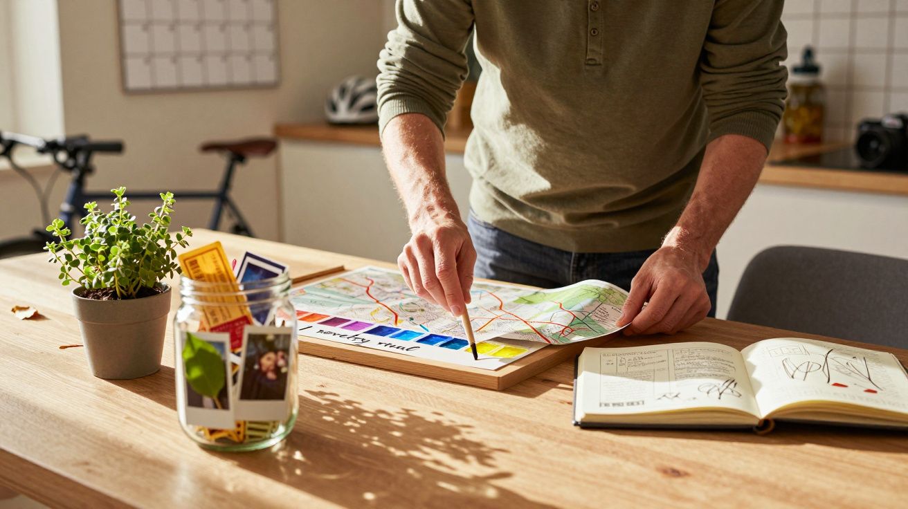 Person planning a route on a map with a pencil, surrounded by a notebook, plant, camera, photos, and a bicycle in the room.