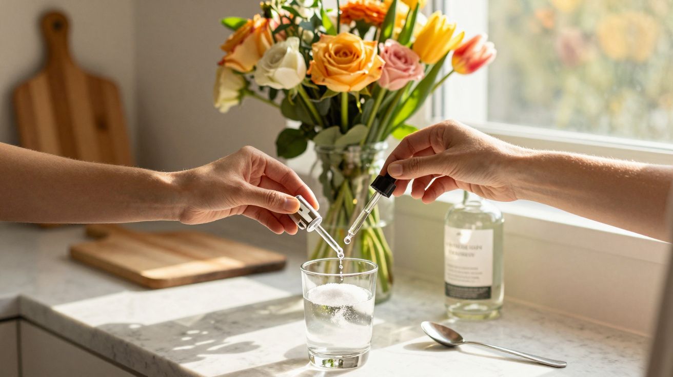 Two hands adding liquid to a glass with droppers, flowers and cutting boards in the background.