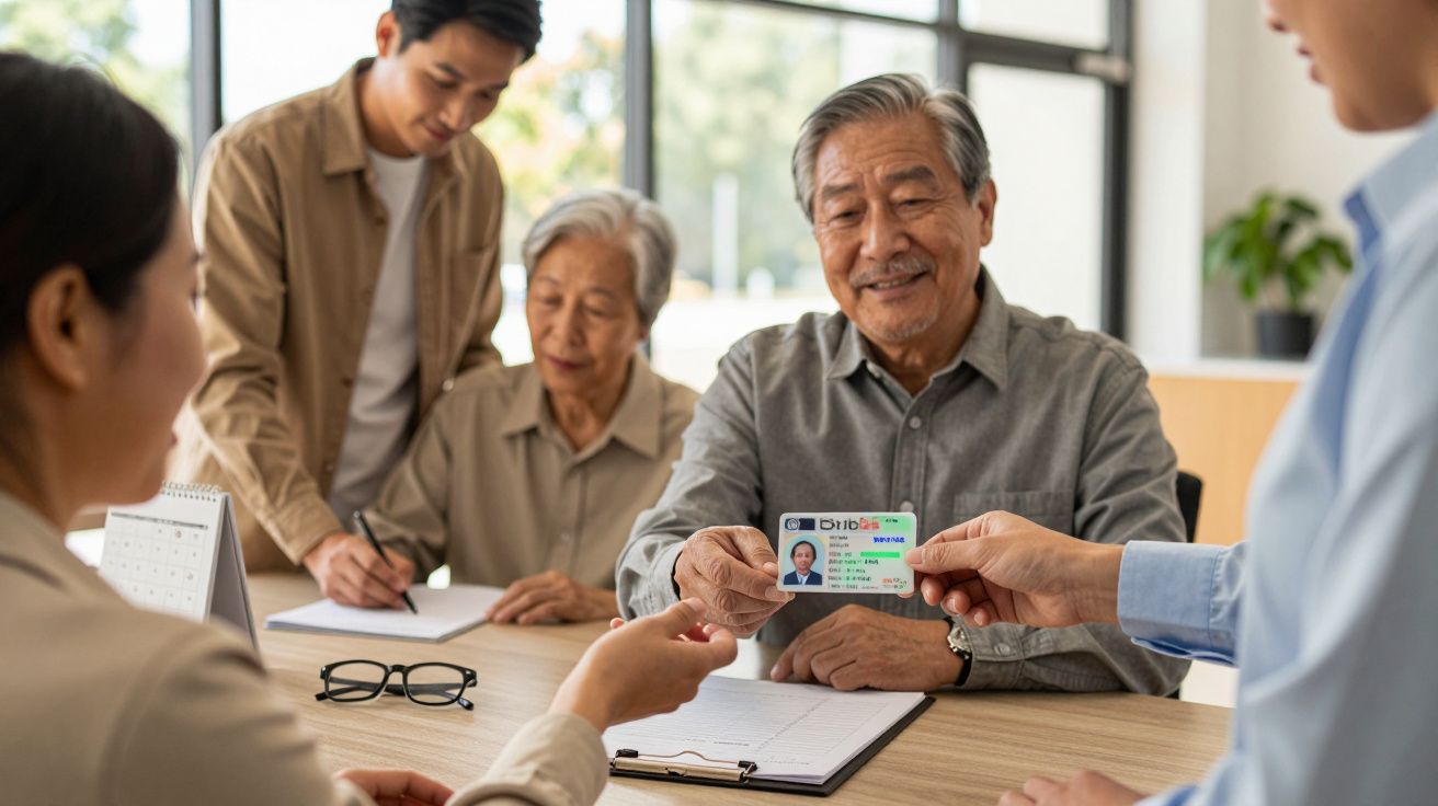 Elderly man handing ID card to woman at table, surrounded by family and documents.