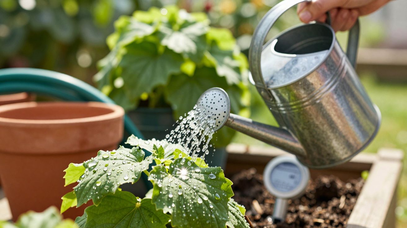 Hand watering a green plant with a metal watering can in a garden, surrounded by pots and a soil moisture gauge.