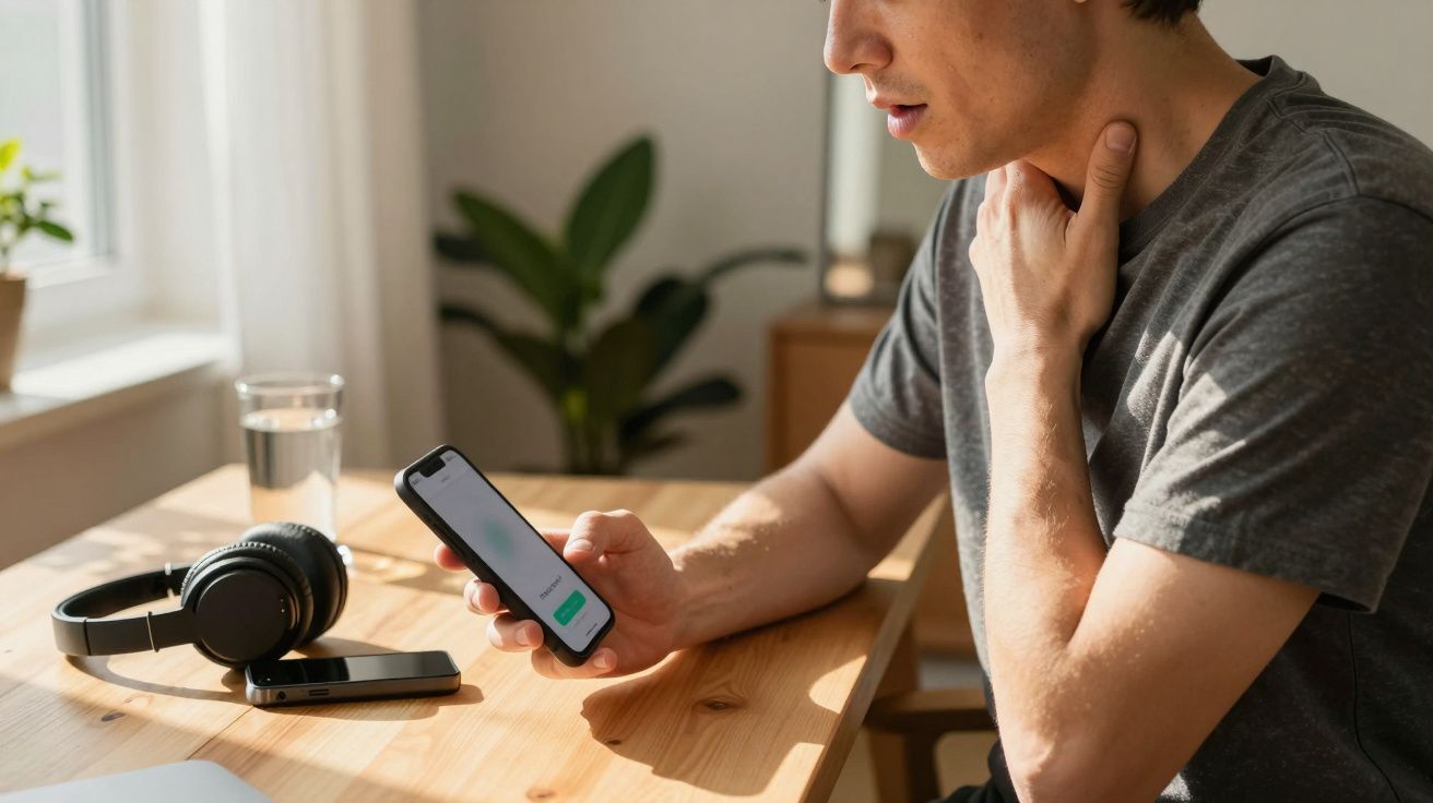 Man with a sore throat checks phone at a wooden desk with headphones, phone, and glass of water in bright room.